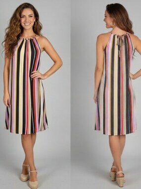 LOFT Striped Halter Shift Dress Size Medium Multicolor Sleeveless Viscose Boho